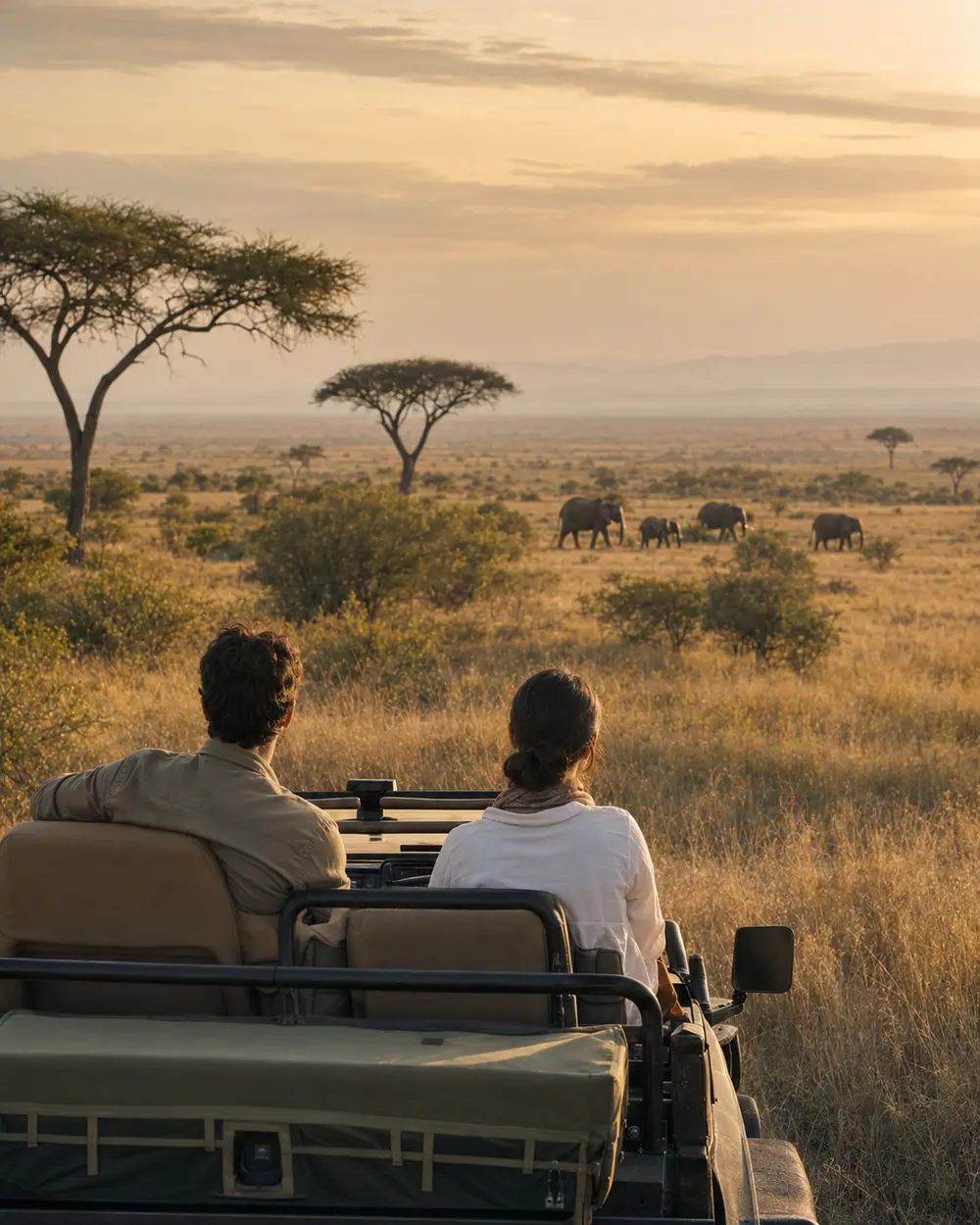 Parella observant elefants durant un safari a Tanzània